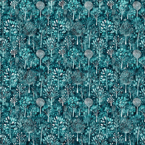 Image of Night Owls Trees Teal quilting cotton by Morris Creative Group for QT Fabrics. Features trees on a blue background. Cute Little Fabric Shop