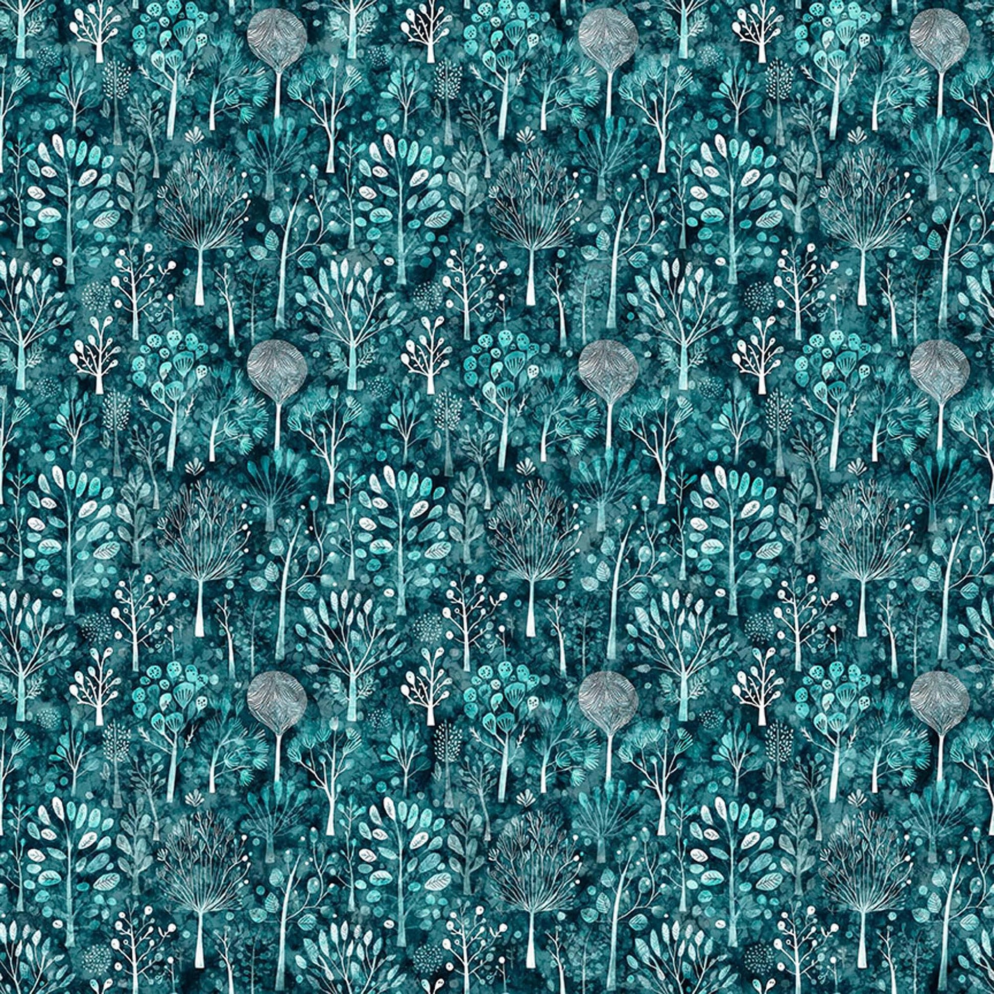 Image of Night Owls Trees Teal quilting cotton by Morris Creative Group for QT Fabrics. Features trees on a blue background. Cute Little Fabric Shop
