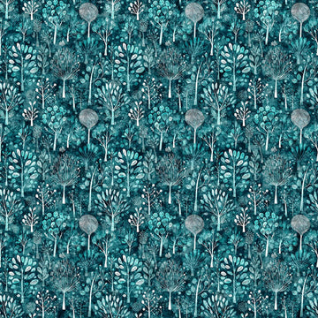 Image of Night Owls Trees Teal quilting cotton by Morris Creative Group for QT Fabrics. Features trees on a blue background. Cute Little Fabric Shop