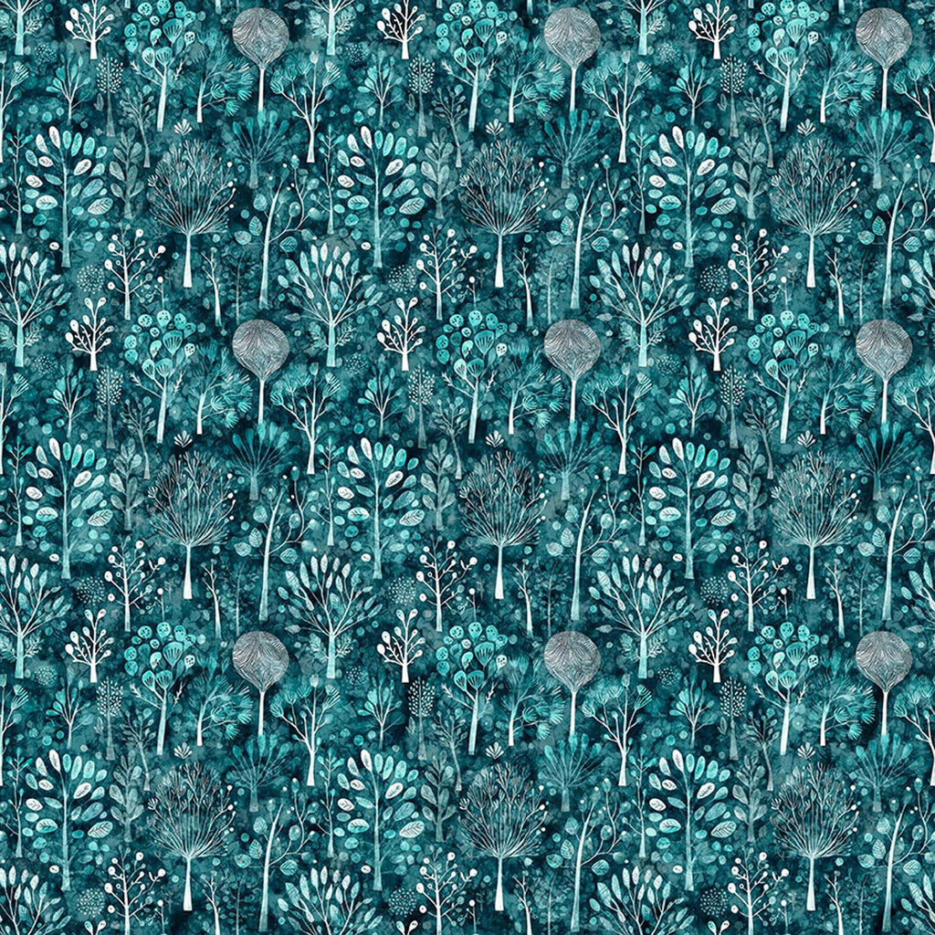 Image of Night Owls Trees Teal quilting cotton by Morris Creative Group for QT Fabrics. Features trees on a blue background. Cute Little Fabric Shop
