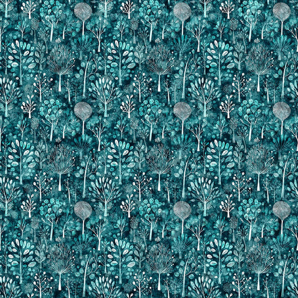 Image of Night Owls Trees Teal quilting cotton by Morris Creative Group for QT Fabrics. Features trees on a blue background. Cute Little Fabric Shop