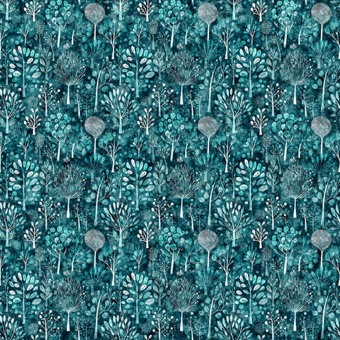 Image of Night Owls Trees Teal quilting cotton by Morris Creative Group for QT Fabrics. Features trees on a blue background. Cute Little Fabric Shop