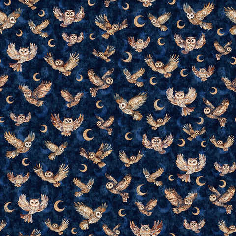 Image of Night Owls Flying Owls Dark Navy quilting cotton by Morris Creative Group for QT Fabrics. Features owls on a blue background. Cute Little Fabric Shop