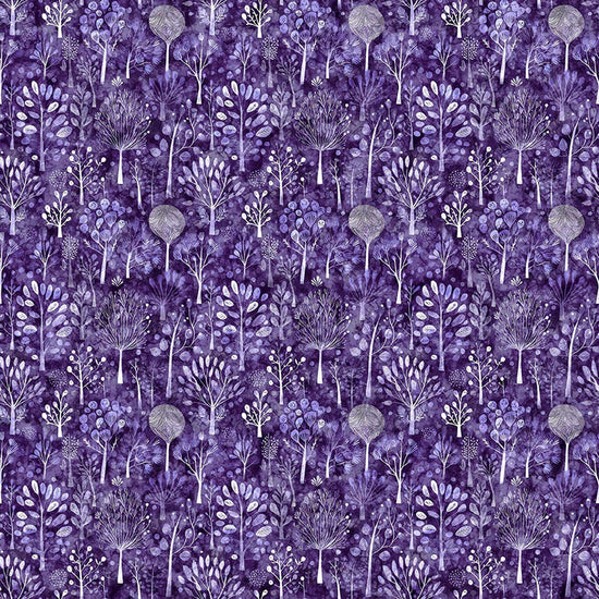 Image of Night Owls Trees Purple quilting cotton by Morris Creative Group for QT Fabrics. Features trees on a purple background. Cute Little Fabric Shop