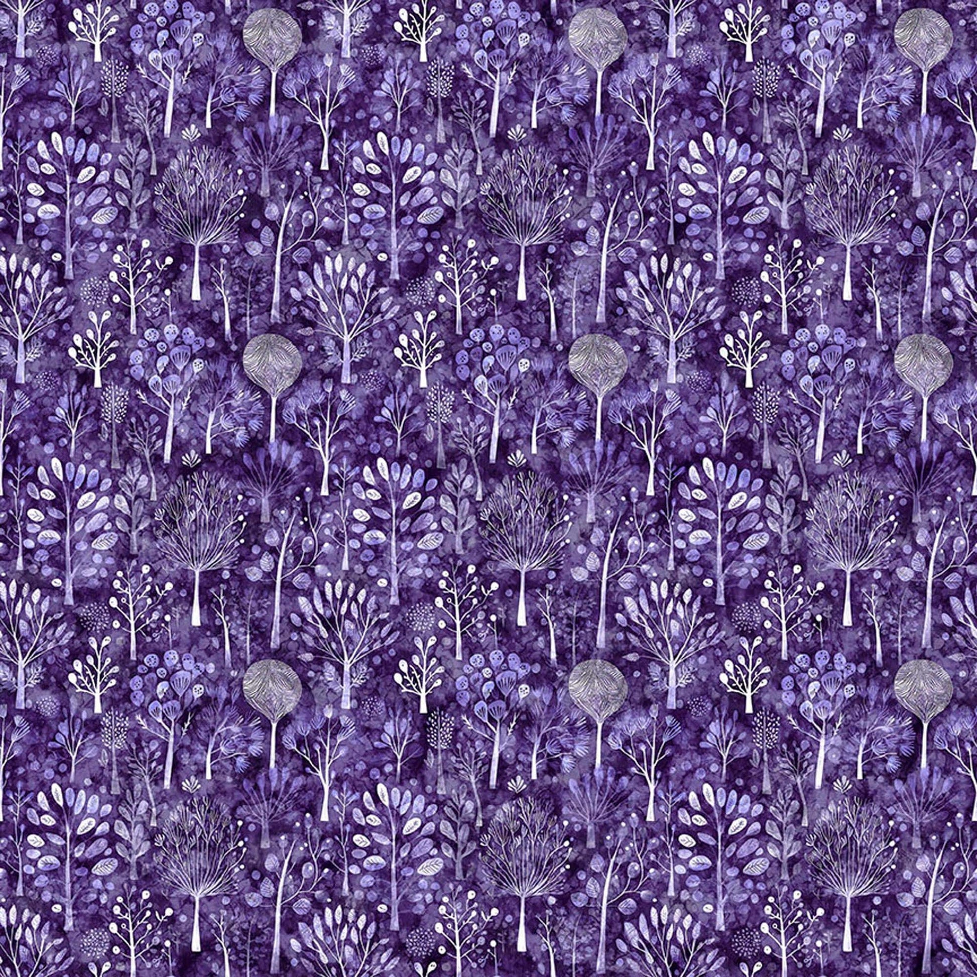 Image of Night Owls Trees Purple quilting cotton by Morris Creative Group for QT Fabrics. Features trees on a purple background. Cute Little Fabric Shop