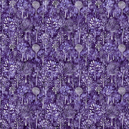 Image of Night Owls Trees Purple quilting cotton by Morris Creative Group for QT Fabrics. Features trees on a purple background. Cute Little Fabric Shop