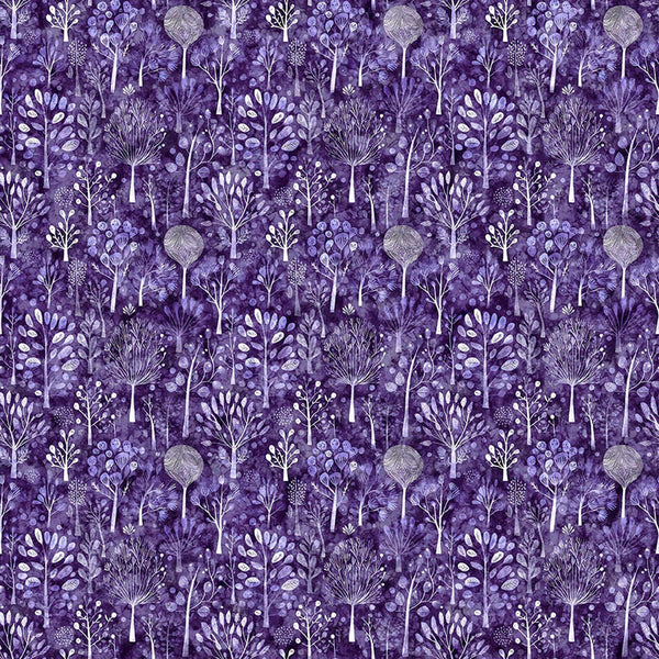 Image of Night Owls Trees Purple quilting cotton by Morris Creative Group for QT Fabrics. Features trees on a purple background. Cute Little Fabric Shop