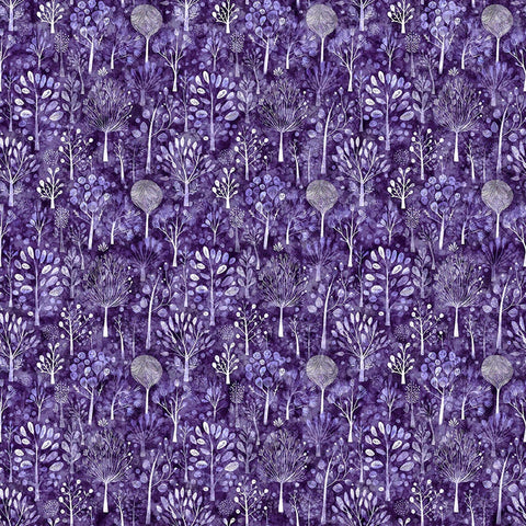 Image of Night Owls Trees Purple quilting cotton by Morris Creative Group for QT Fabrics. Features trees on a purple background. Cute Little Fabric Shop