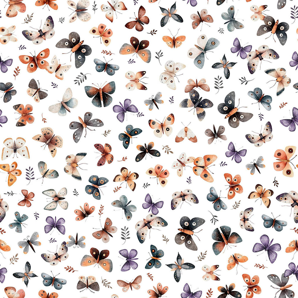 Image of Night Owls Moths White quilting cotton by Morris Creative Group for QT Fabrics. Features moths on a white background. Cute Little Fabric Shop