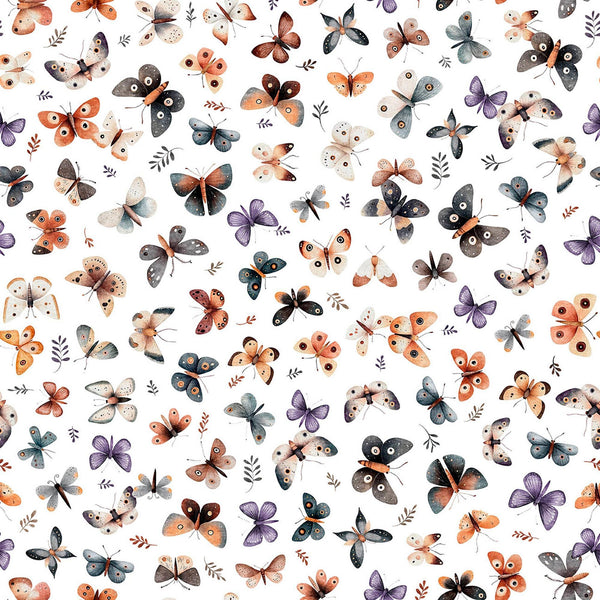 Image of Night Owls Moths White quilting cotton by Morris Creative Group for QT Fabrics. Features moths on a white background. Cute Little Fabric Shop