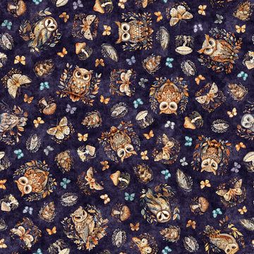 Image of Night Owls Owls Eggplant quilting cotton by Morris Creative Group for QT Fabrics. Features owls on a purple background. Cute Little Fabric Shop