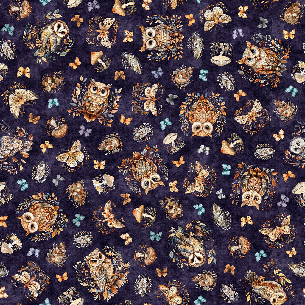 Image of Night Owls Owls Eggplant quilting cotton by Morris Creative Group for QT Fabrics. Features owls on a purple background. Cute Little Fabric Shop