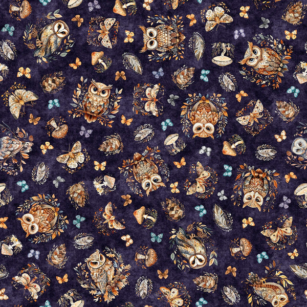 Image of Night Owls Owls Eggplant quilting cotton by Morris Creative Group for QT Fabrics. Features owls on a purple background. Cute Little Fabric Shop