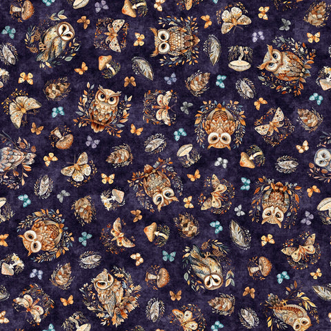 Image of Night Owls Owls Eggplant quilting cotton by Morris Creative Group for QT Fabrics. Features owls on a purple background. Cute Little Fabric Shop