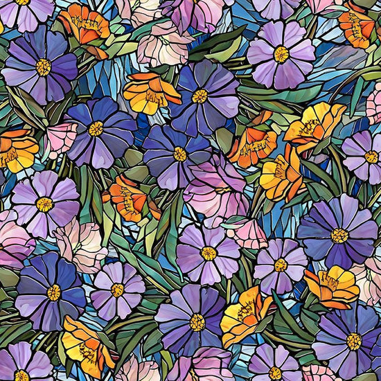 Image of Sunlit Bears Stained Glass Floral Multi quilting cotton fabric by JQ Licensing for QT Fabrics. Features flowers on a purple background. Cute Little Fabric Shop