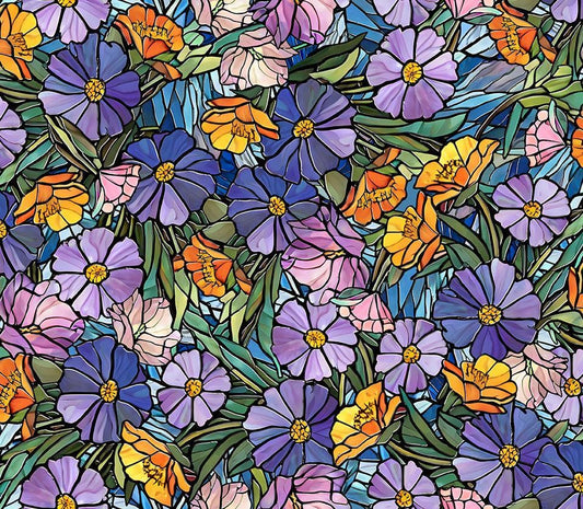 Image of Sunlit Bears Stained Glass Floral Multi quilting cotton fabric by JQ Licensing for QT Fabrics. Features flowers on a purple background. Cute Little Fabric Shop
