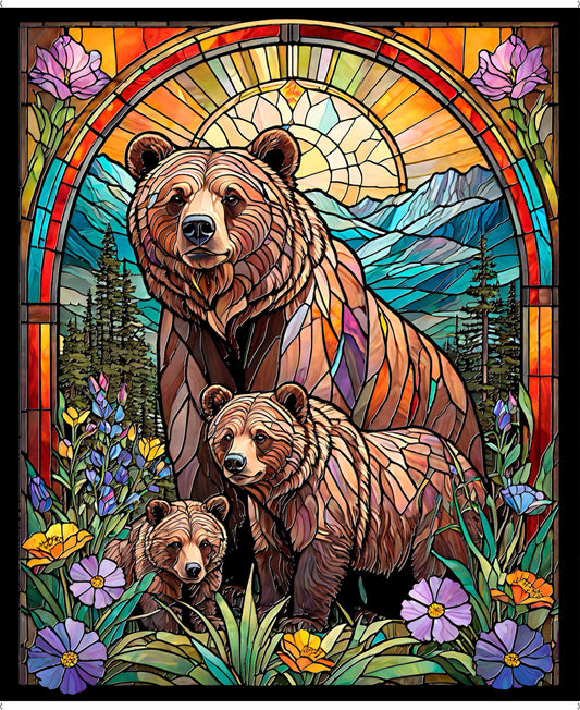 Sunlit Bears Stained Glass Bear Panel 31561 Multi X  - QT Fabrics - Animal Forest Nature Window - Quilting Cotton Fabric