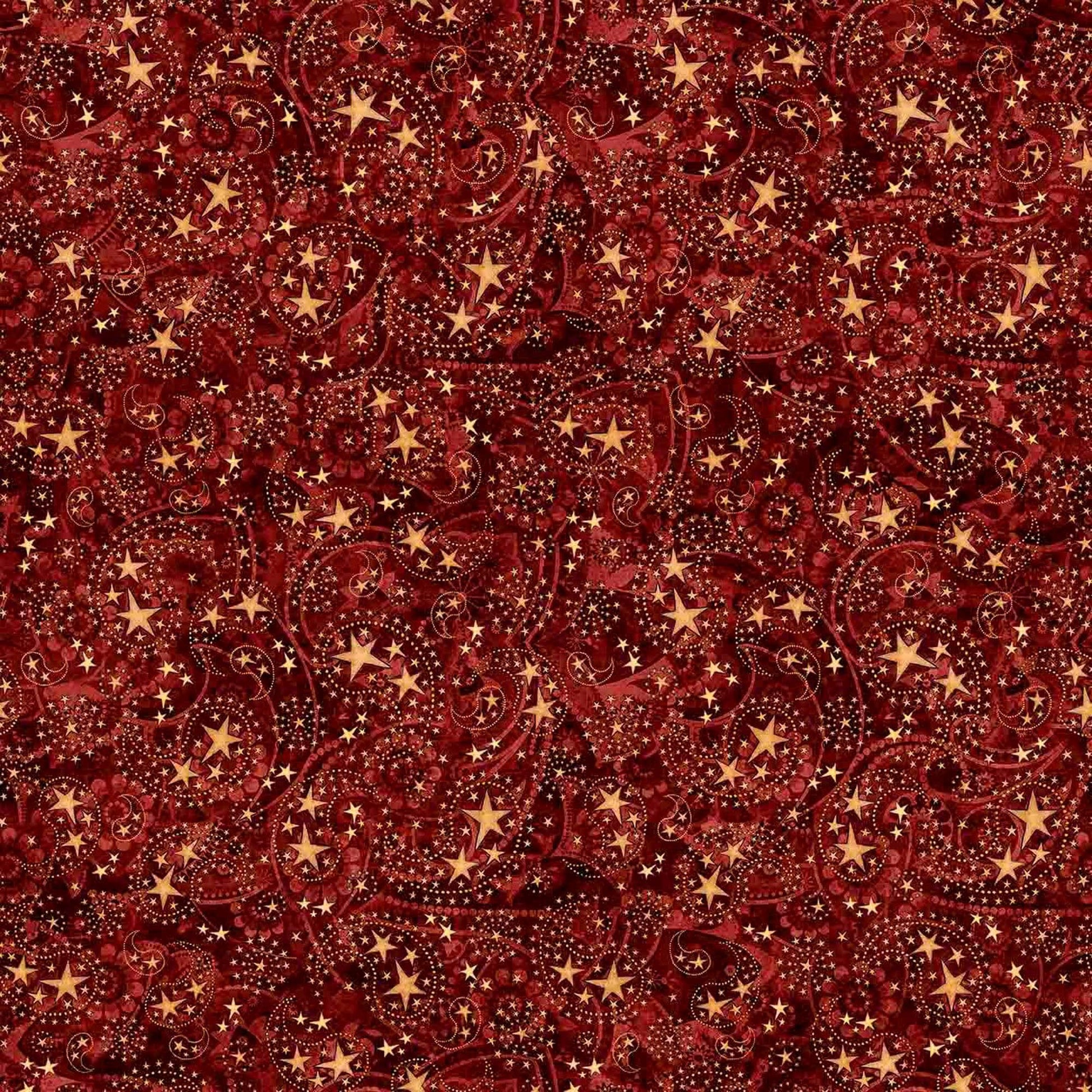 Image of 1776 Paisley & Stars Brick quilting cotton fabric by Morris Creative Group for QT Fabrics. Features paisley on a red background. Cute Little Fabric Shop