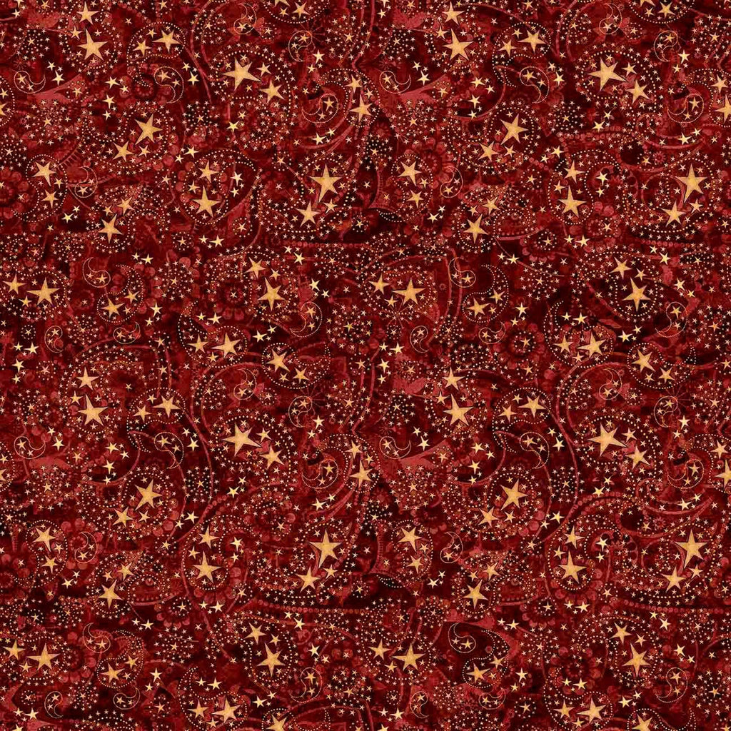Image of 1776 Paisley & Stars Brick quilting cotton fabric by Morris Creative Group for QT Fabrics. Features paisley on a red background. Cute Little Fabric Shop