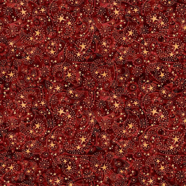 Image of 1776 Paisley & Stars Brick quilting cotton fabric by Morris Creative Group for QT Fabrics. Features paisley on a red background. Cute Little Fabric Shop