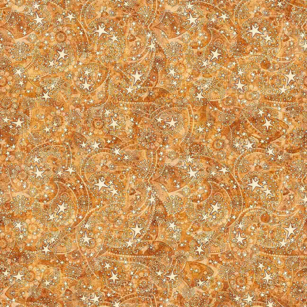 Image of 1776 Paisley & Stars Light Amber quilting cotton fabric by Morris Creative Group for QT Fabrics. Features paisley on an orange background. Cute Little Fabric Shop