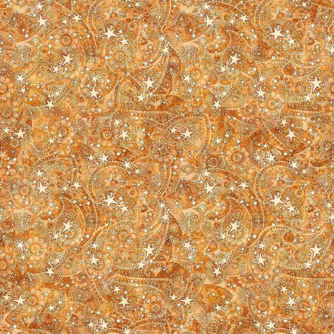 Image of 1776 Paisley & Stars Light Amber quilting cotton fabric by Morris Creative Group for QT Fabrics. Features paisley on an orange background. Cute Little Fabric Shop
