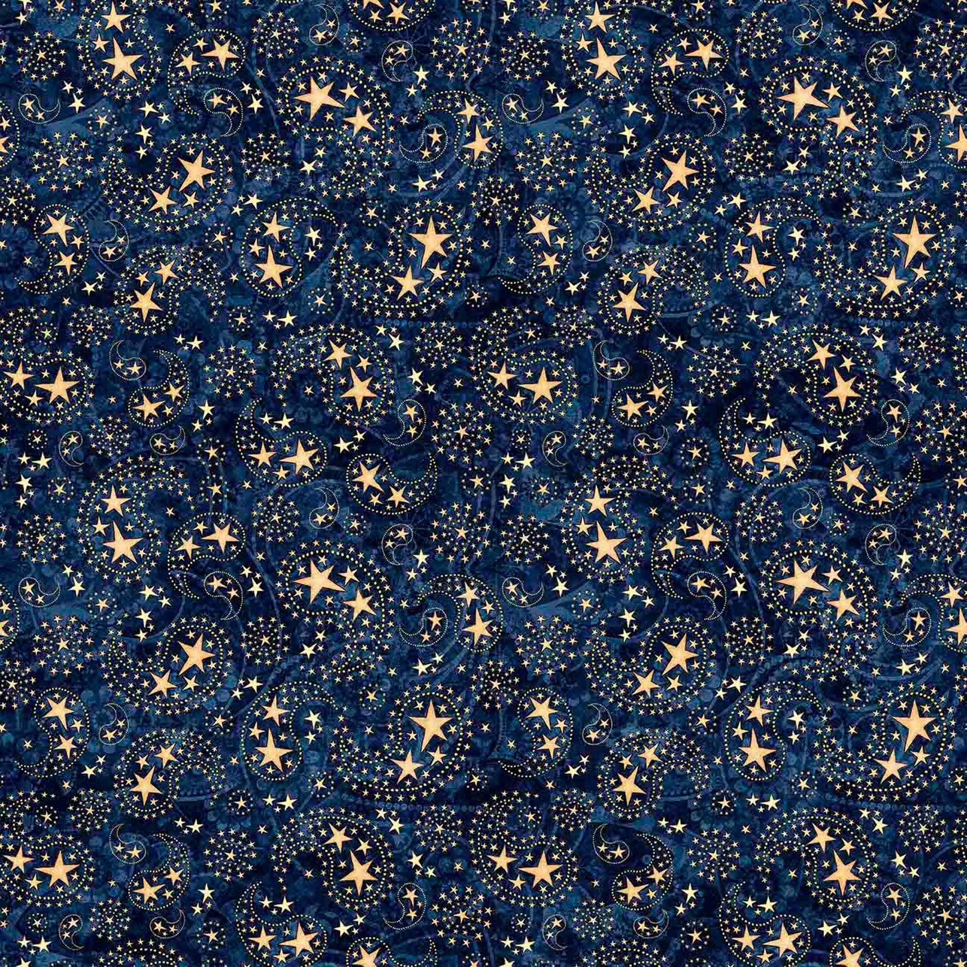Image of 1776 Paisley & Stars Dark Navy quilting cotton fabric by Morris Creative Group for QT Fabrics. Features paisley on a blue background. Cute Little Fabric Shop