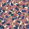 Image of 1776 American Flag & 250 Crest Birch quilting cotton fabric by Morris Creative Group for QT Fabrics. Features flags on a cream background. Cute Little Fabric Shop