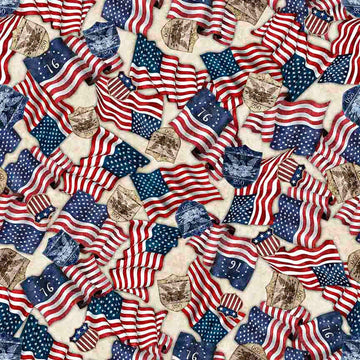 Image of 1776 American Flag & 250 Crest Birch quilting cotton fabric by Morris Creative Group for QT Fabrics. Features flags on a cream background. Cute Little Fabric Shop