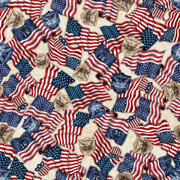 Image of 1776 American Flag & 250 Crest Birch quilting cotton fabric by Morris Creative Group for QT Fabrics. Features flags on a cream background. Cute Little Fabric Shop