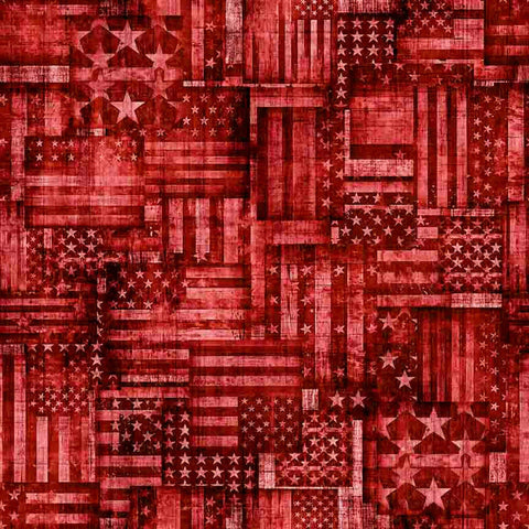 Image of 1776 American Flag Patchwork Red quilting cotton fabric by Morris Creative Group for QT Fabrics. Features flags on a red background. Cute Little Fabric Shop