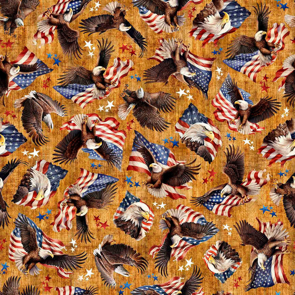 Image of 1776 American Eagle & Flag Toss Amber quilting cotton fabric by Morris Creative Group for QT Fabrics. Features eagles on an orange background. Cute Little Fabric Shop