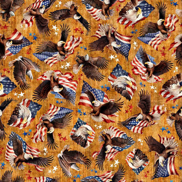 Image of 1776 American Eagle & Flag Toss Amber quilting cotton fabric by Morris Creative Group for QT Fabrics. Features eagles on an orange background. Cute Little Fabric Shop