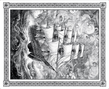 DEAL Ocean Blues Ship Panel 30854 Charcoal K - - QT Fabrics - Boat Water Clouds - Quilting Cotton Fabric