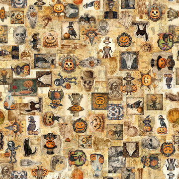 Jeepers Creepers Halloween Ephemera 31011 Tan A - QT Fabrics - Ghost Jack-O'-Lanterns Skull Spooky - Quilting Cotton Fabric