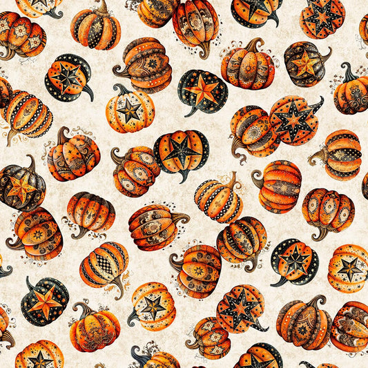 Jeepers Creepers Decorative Pumpkin Toss 31010 Cream E - QT Fabrics - Jack-O'-Lanterns Halloween - Quilting Cotton Fabric