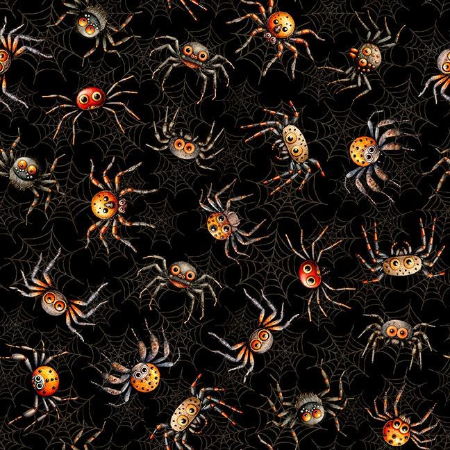 Jeepers Creepers Spiders 31015 Black J - QT Fabrics - Insects Spider Webs Halloween Spooky Season - Quilting Cotton Fabric
