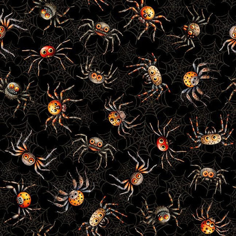 Jeepers Creepers Spiders 31015 Black J - QT Fabrics - Insects Spider Webs Halloween Spooky Season - Quilting Cotton Fabric
