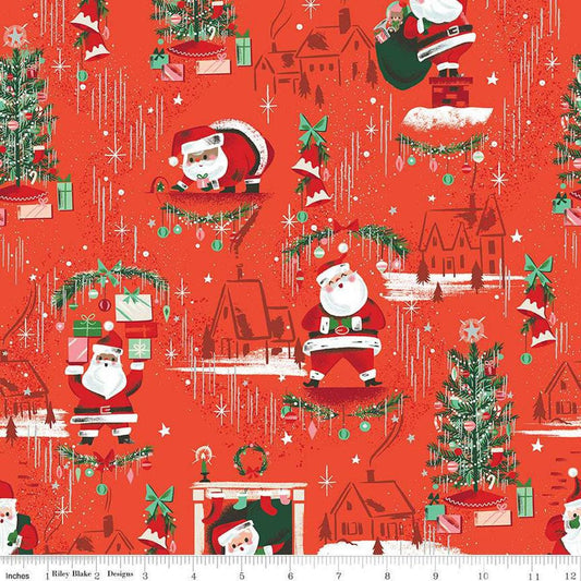Fat Quarter End of Bolt - SALE Twas Main SC13460 Red SPARKLE - Riley Blake Designs - Christmas Santa Claus Silver SPARKLE - Quilting Cotton