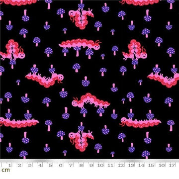 Hello Alice Caterpillar RS2127 Black - Moda Fabrics - Mushrooms Fungi Animal - Ru- Star - Quilting Cotton Fabric