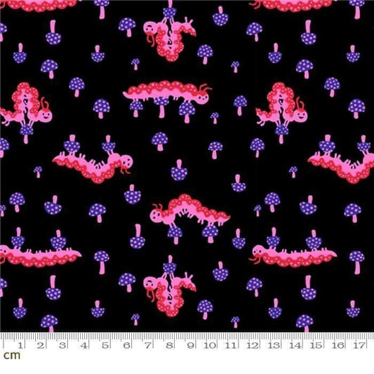 Hello Alice Caterpillar RS2127 Black - Moda Fabrics - Mushrooms Fungi Animal - Ru- Star - Quilting Cotton Fabric