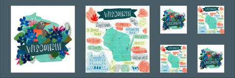 CLEARANCE Lakeside Story State Parks Ohio Wisconsin 13362 Multi - Moda - Map Cities Robins Violets Great Lakes - Quilting Cotton Fabric