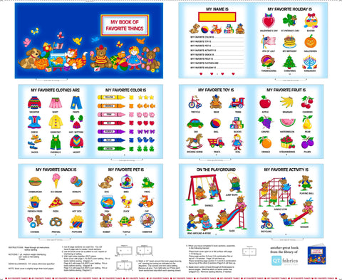 SALE Fabric Books Book of Favorite Things Panel 28257 Royal Y - by QT Fabrics - Baby Book Letters Numbers Animals - Quilting Cotton Fabric