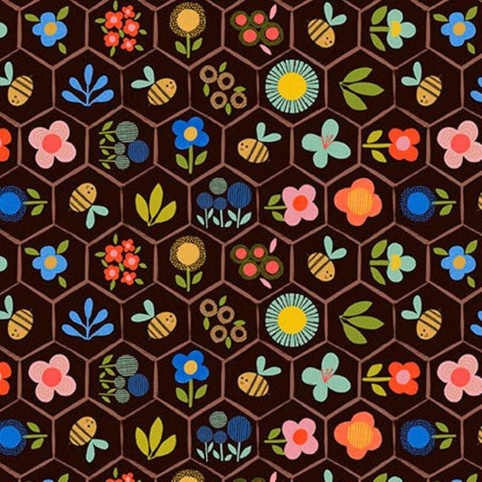 Bee Beary Happy Beehive Floral 31674 Dark Chocolate A - QT Fabrics - Geometric Flowers Leaf Leaves - Quilting Cotton Fabric