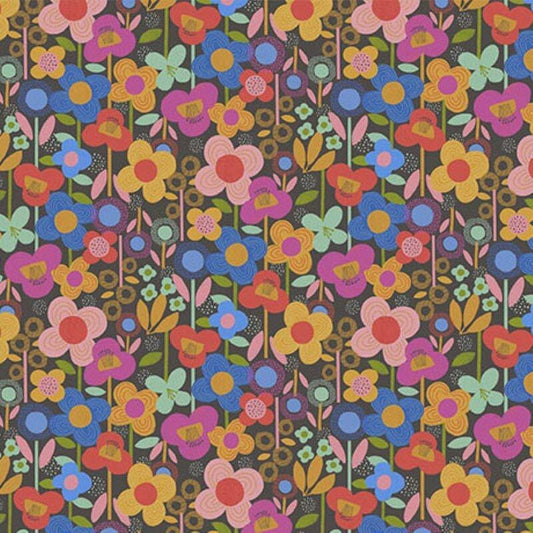 Bee Beary Happy Floral 31676 Brown A - QT Fabrics - Flowers Blossoms Leaf Leaves - Quilting Cotton Fabric