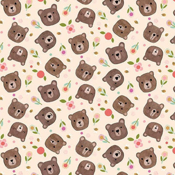 Bee Beary Happy Bear Faces 31677 Cream E - QT Fabrics - Flowers Bees Petals - Quilting Cotton Fabric
