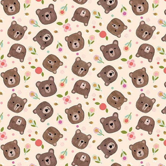 Bee Beary Happy Bear Faces 31677 Cream E - QT Fabrics - Flowers Bees Petals - Quilting Cotton Fabric