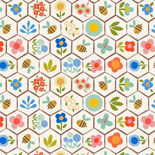 Bee Beary Happy Beehive Floral 31674 Eggshell E - QT Fabrics - Geometric Flowers Leaf Leaves - Quilting Cotton Fabric