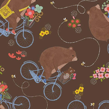Bee Beary Happy Bears On Bikes 31672 Brown A - QT Fabrics - Animal Bicycle Flowers - Quilting Cotton Fabric