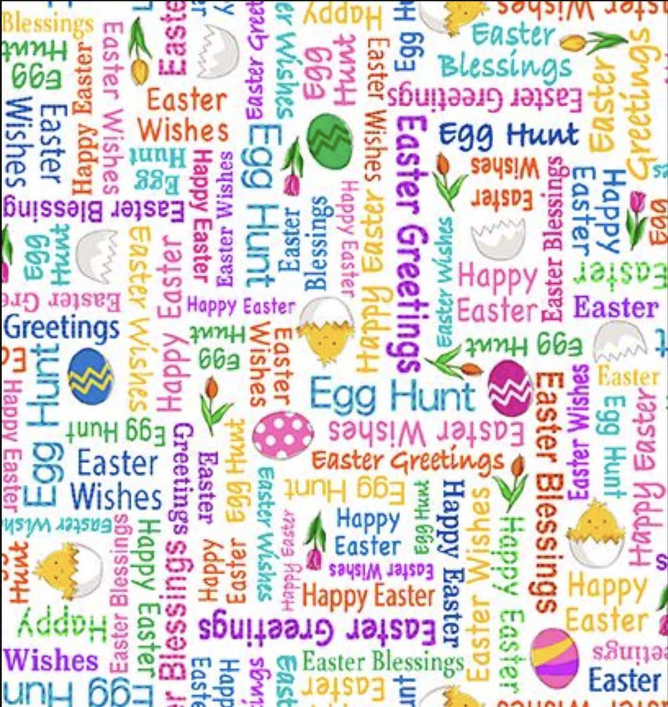 Hoppy Easter Easter Words 30914 White Z - by QT Fabrics - Spring Egg Hunt Text Phrases  - Quilting Cotton Fabric
